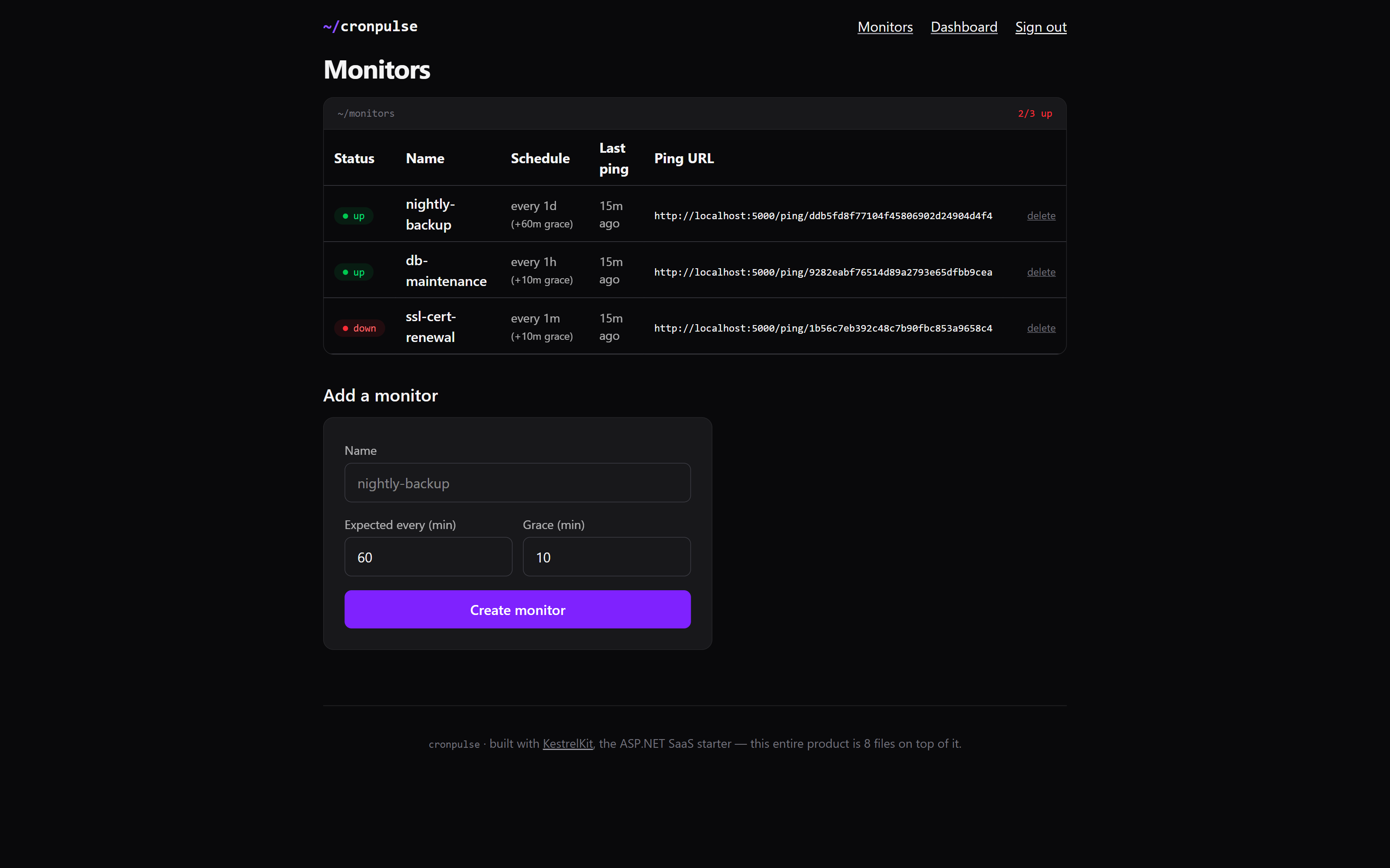 CronPulse monitors dashboard built with KestrelKit